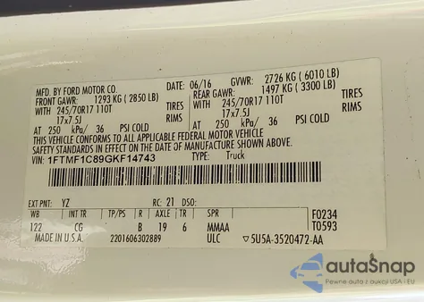 2016 Ford F-150 Xl from USA, damaged, VIN 1FTMF1C89GKF14743